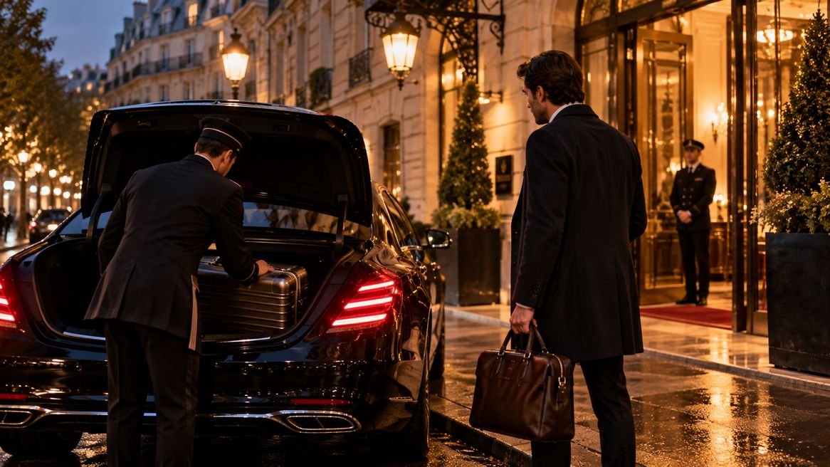 Arrivée en soirée devant un grand hôtel, les bagages du voyageur sortis du coffre de la berline