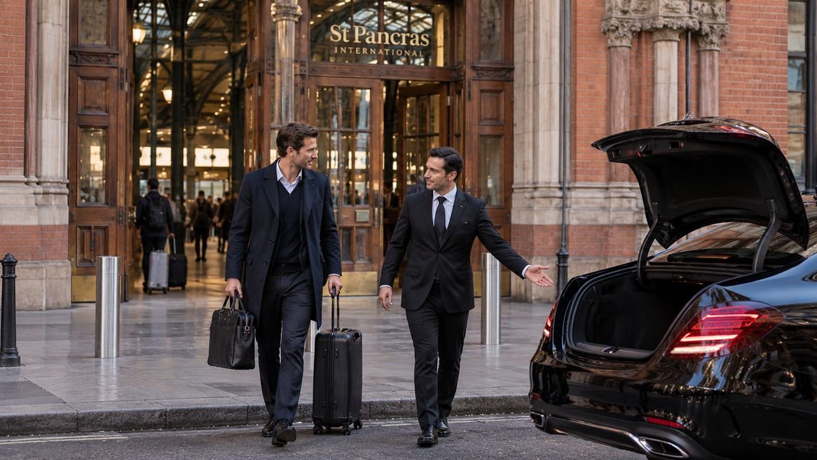 Voyageur accompagné par son greeter à la sortie de St Pancras International, jusqu’à la berline qui l’attend