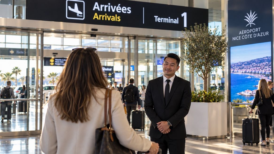 Chauffeur privé KeyLink Global accueillant une cliente dans le hall des arrivées du terminal 1 de l’aéroport Nice Côte d’Azur