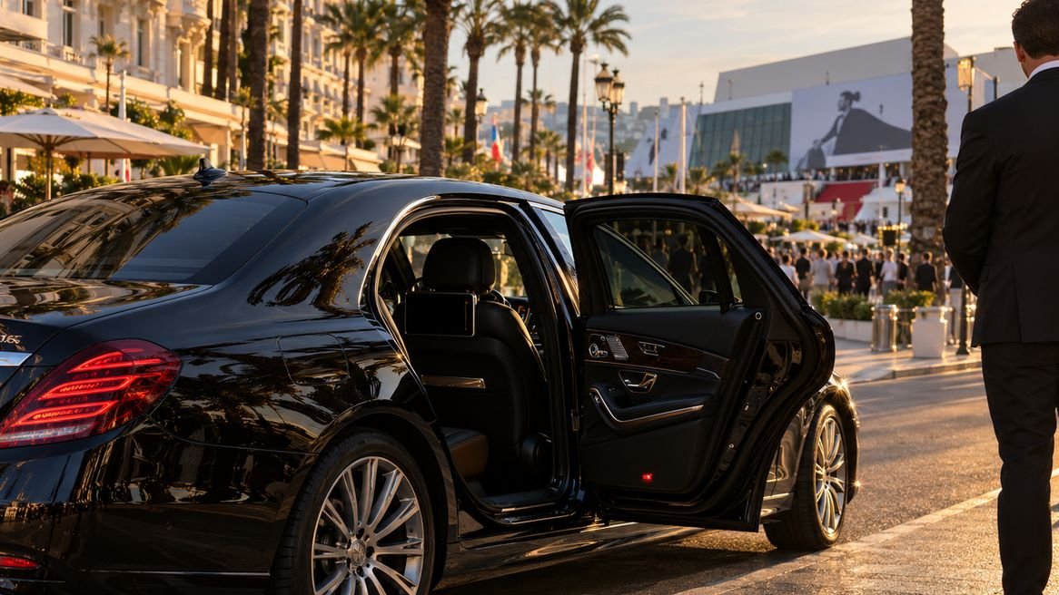 Berline avec chauffeur de KeyLink Global à l’arrêt sur la Croisette à Cannes, devant les hôtels et le Palais des Festivals