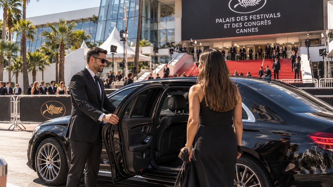Chauffeur privé ouvrant la portière à une cliente devant l’entrée du Palais des Festivals et des Congrès de Cannes