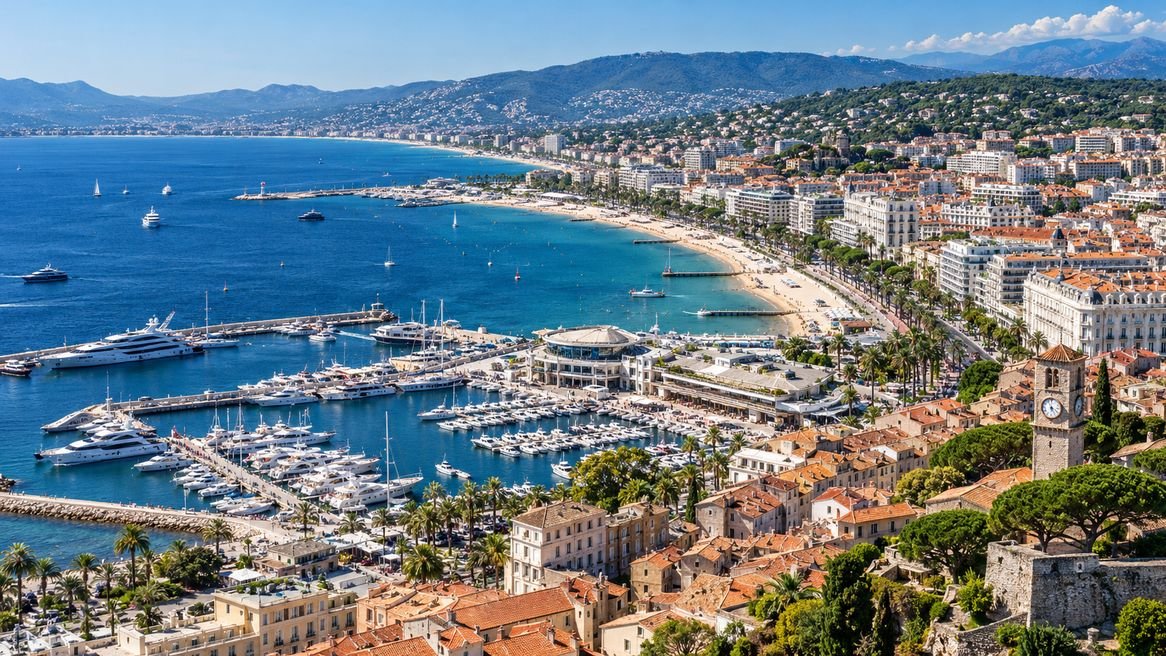 Vue de Cannes depuis le Suquet : le Vieux-Port, le Palais des Festivals et la baie le long de la Croisette