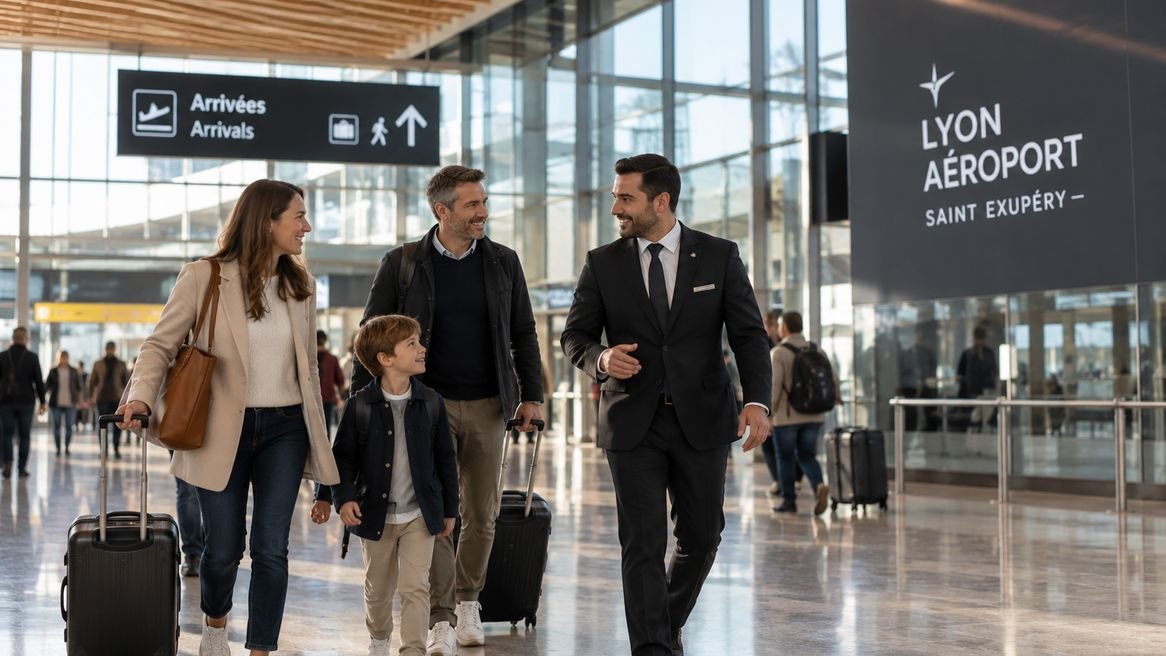 KeyLink Global private chauffeur walking with a family through the Terminal 1 arrivals hall at Lyon-Saint Exupéry Airport