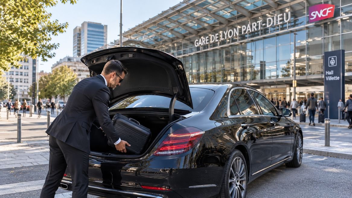 KeyLink Global private chauffeur loading a suitcase into a black saloon outside Lyon Part-Dieu station, Villette side