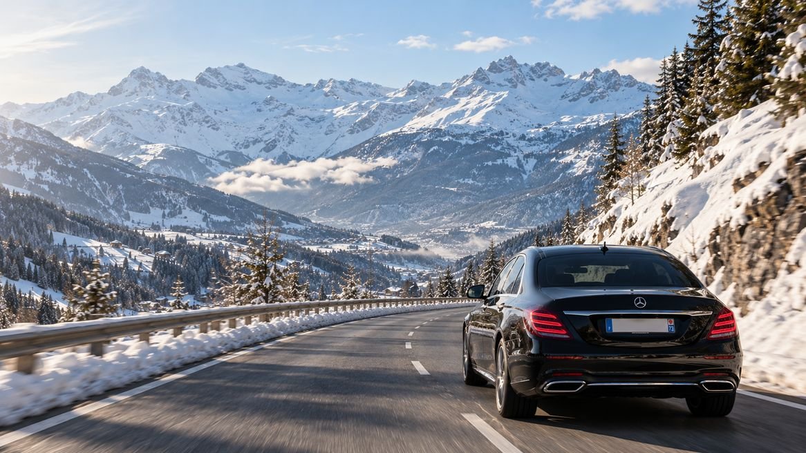KeyLink Global chauffeur-driven saloon on the road to the Alps, snow-capped peaks behind