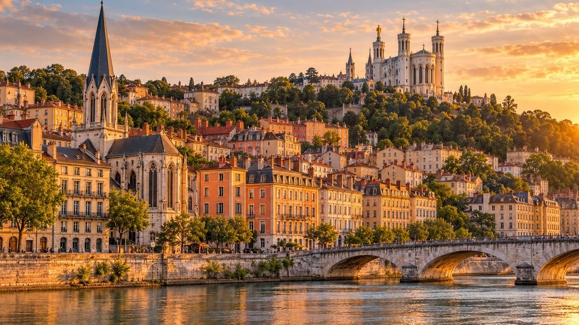 Lyon at sunset: the Saône quays, Old Lyon and the Fourvière basilica