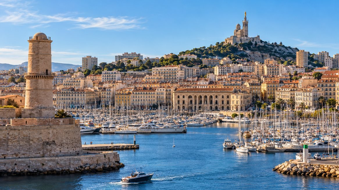 Le Vieux-Port de Marseille, le fort Saint-Jean et la basilique Notre-Dame-de-la-Garde sous le soleil