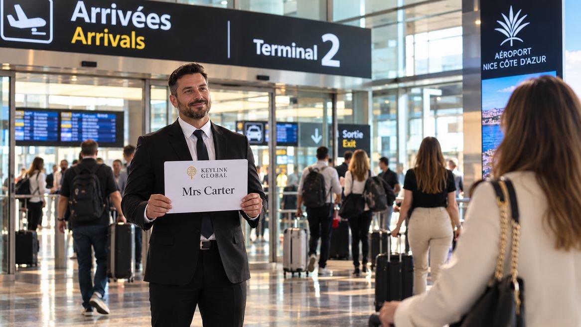 Chauffeur tenant une pancarte nominative dans le hall d’arrivée du terminal 2 de l’aéroport Nice Côte d’Azur