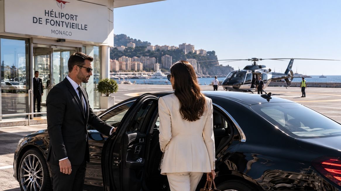 Chauffeur ouvrant la portière d’une berline à une cliente devant l’héliport de Fontvieille, à Monaco, hélicoptère en arrière-plan