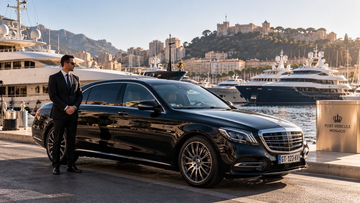 Berline avec chauffeur stationnée au port Hercule à Monaco, face aux yachts