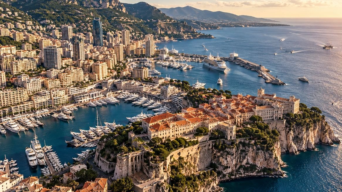 Vue aérienne de Monaco : le Rocher, le port Hercule et Monte-Carlo