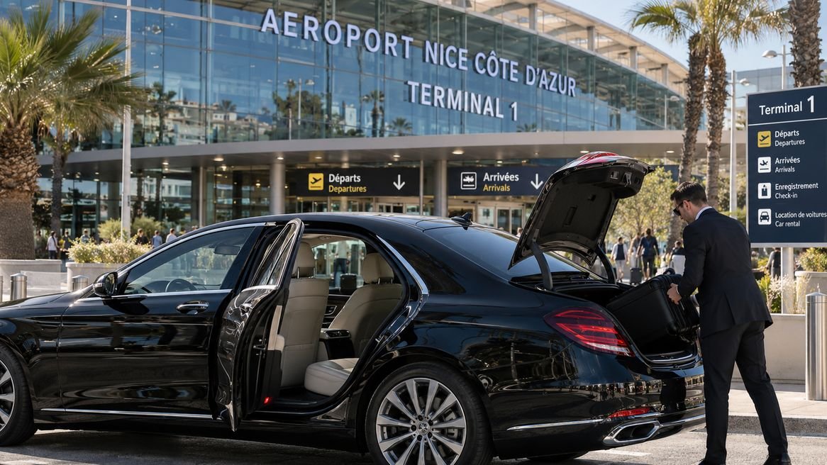 Black KeyLink Global chauffeur-driven saloon, door open, outside Terminal 1 at Nice Côte d’Azur Airport