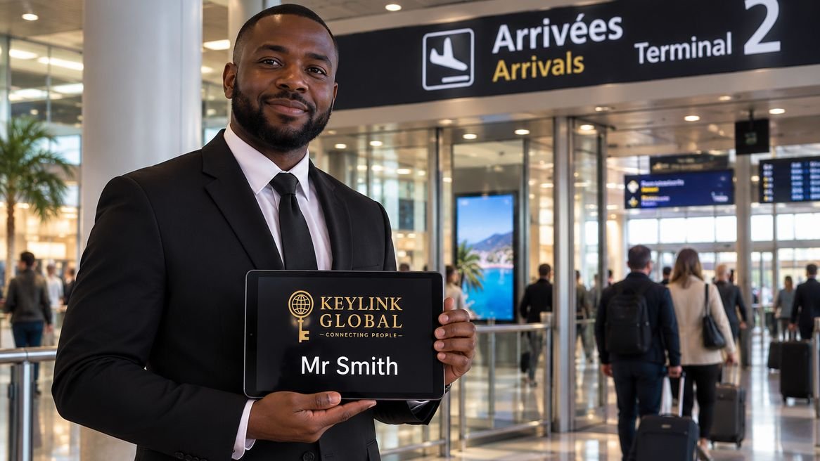 KeyLink Global private chauffeur holding a name sign in the Terminal 2 arrivals hall at Nice Côte d’Azur Airport