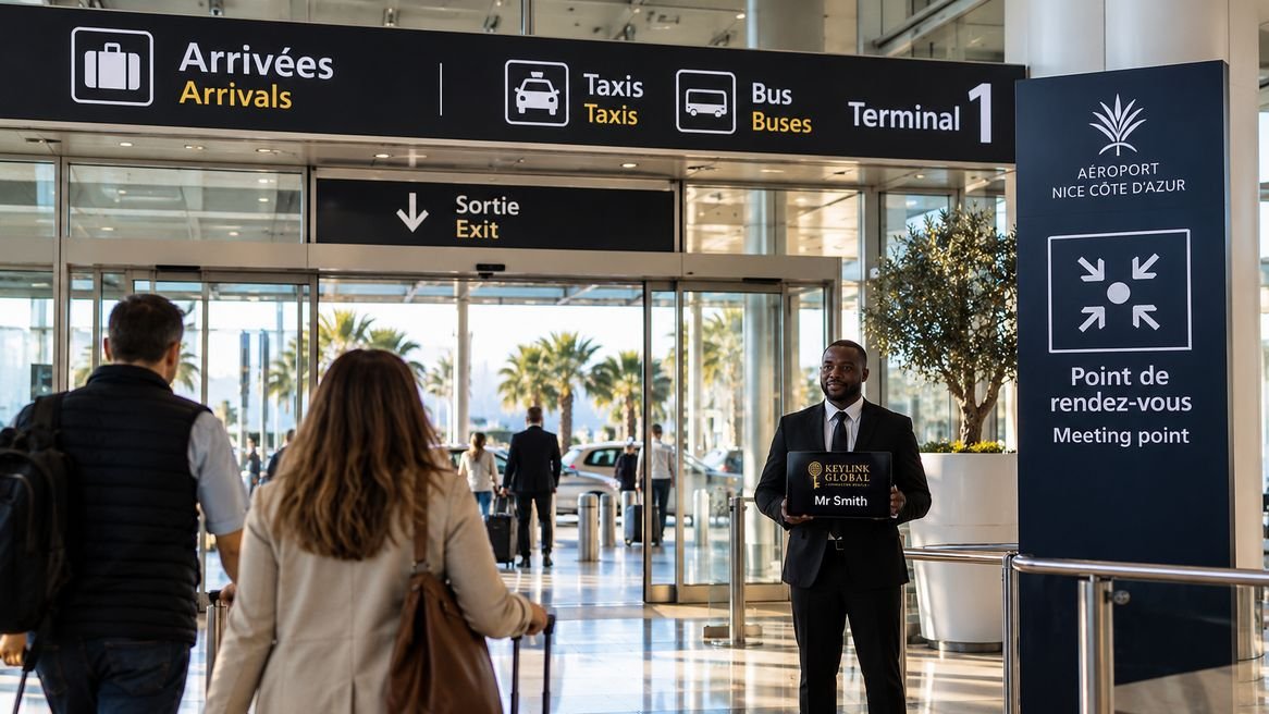 Private chauffeur meeting point in the arrivals hall at Nice Côte d’Azur Airport, facing the exit doors