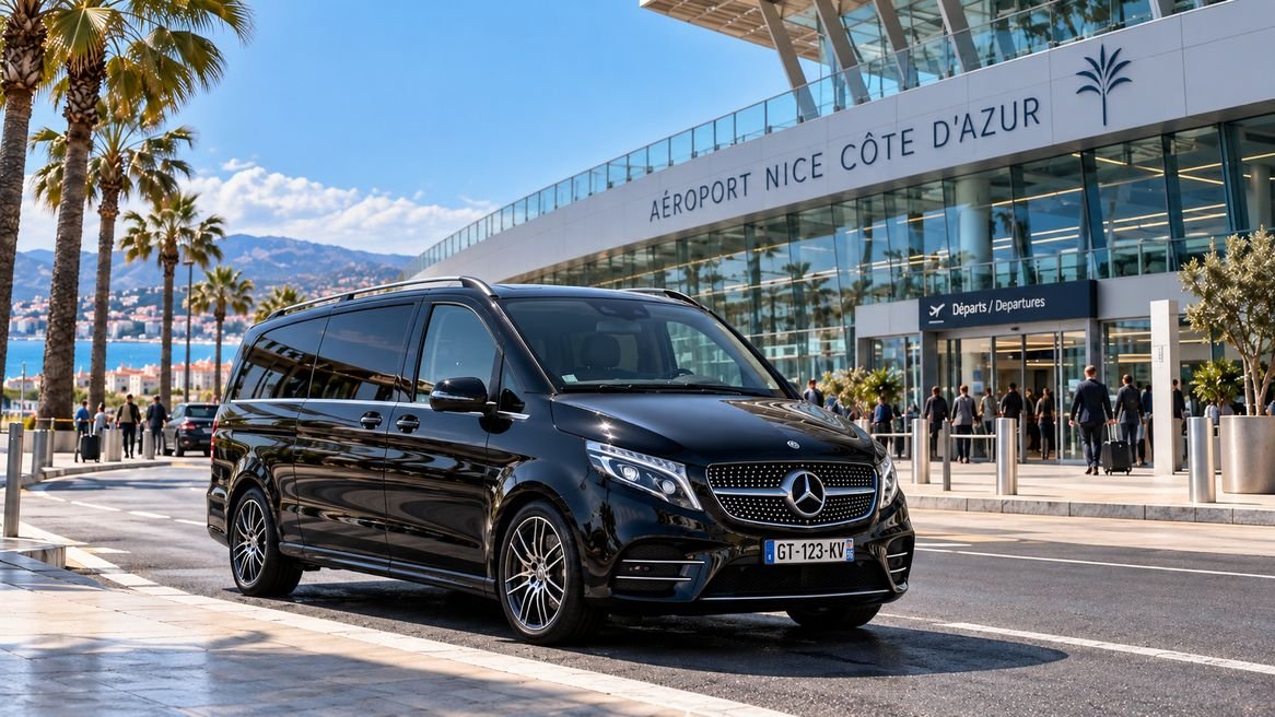 Black chauffeur-driven van outside Nice Côte d’Azur Airport, with palm trees and the Baie des Anges behind