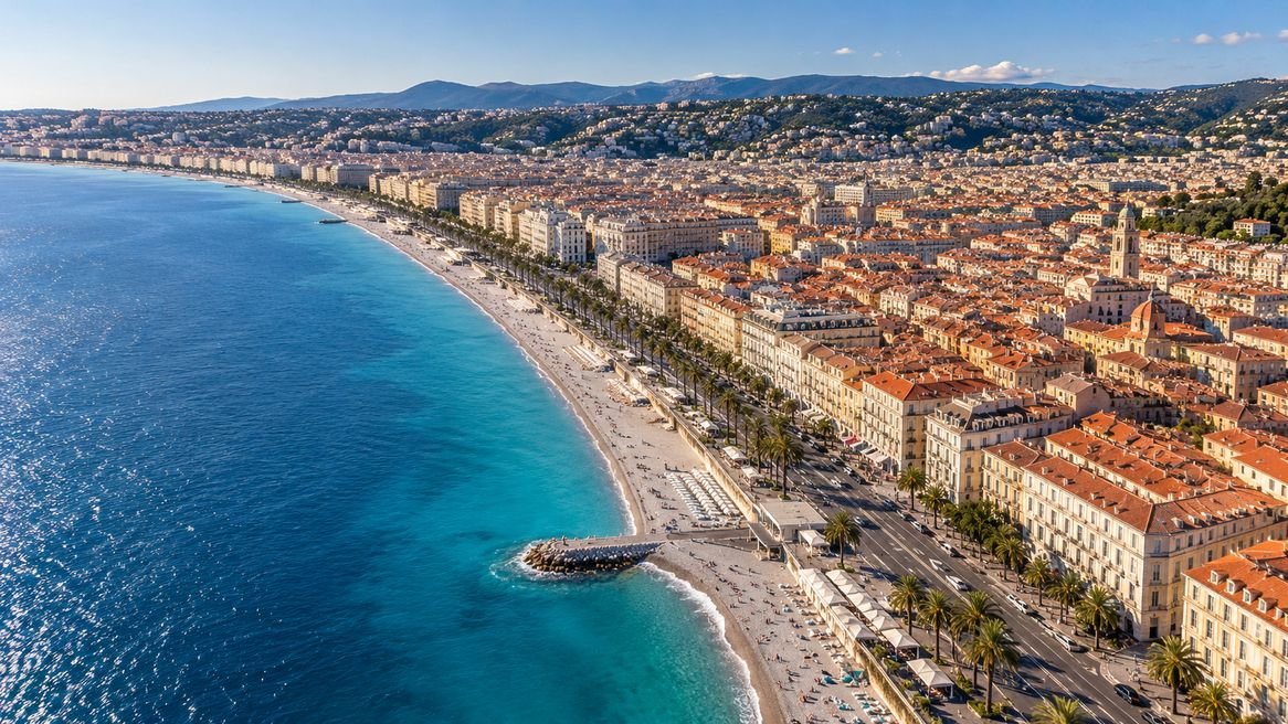 Aerial view of Nice, from the Promenade des Anglais to the Baie des Anges